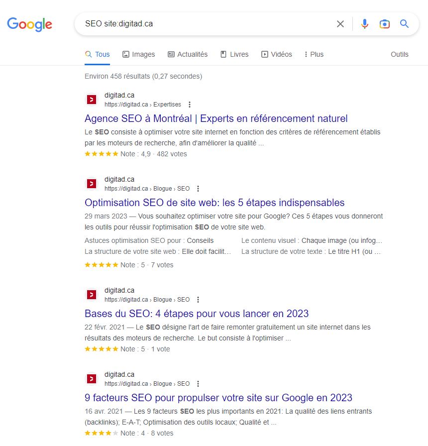 SERP résultats indexation Google des articles de digitad
