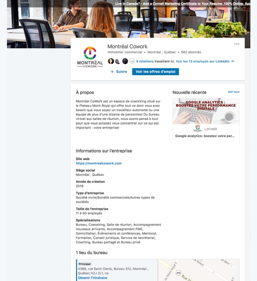 Exemple de la page linkedin entreprise Montreal Cowork