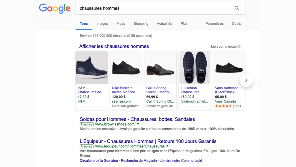 Exemple de campagne google shopping
