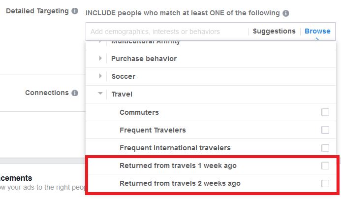comment bien cibler les gens rentrant de voyage sur facebook