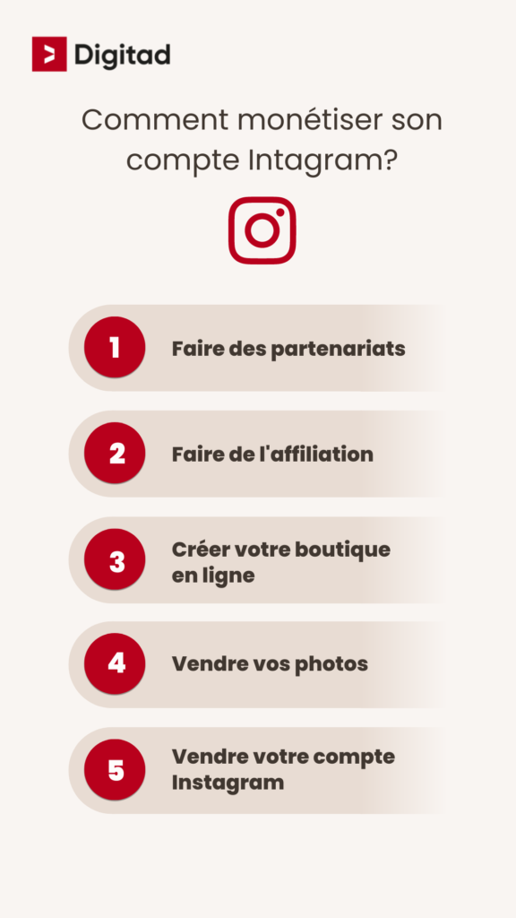 Liste de 5 conseils pour monétiser votre compte Instagram.