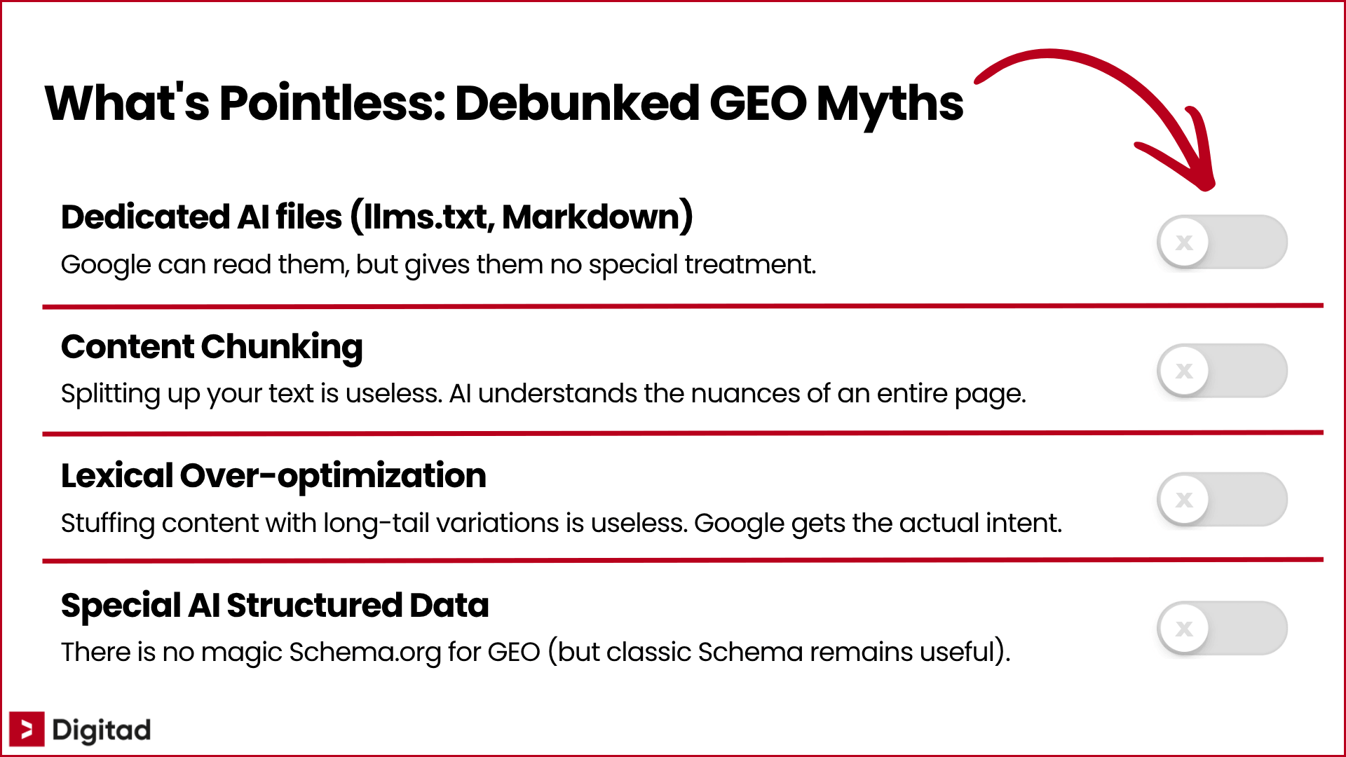 Infographic about useless GEO myths, including llms.txt files, content chunking, lexical over-optimization and AI-specific structured data.