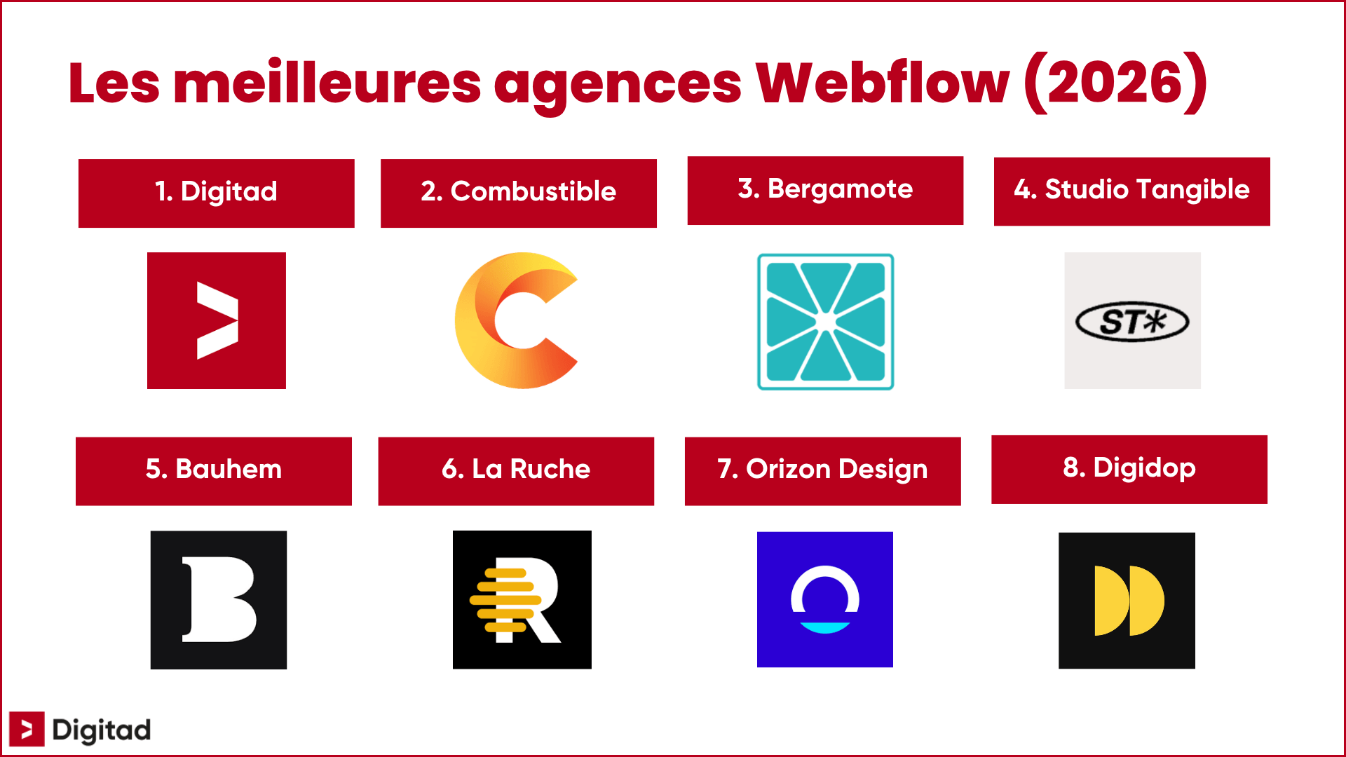Classement 2026 des meilleures agences Webflow à Montréal, avec Digitad, Combustible, Bergamote, Studio Tangible, Bauhem, La Ruche, Orizon Design et Digidop.