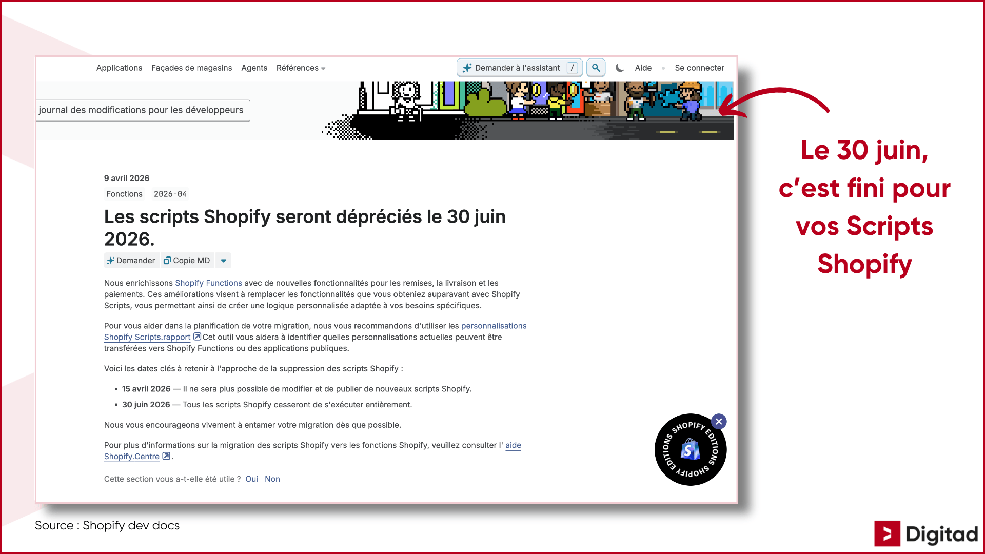 Capture Shopify Dev Docs annonçant l’arrêt des Shopify Scripts le 30 juin 2026 et la migration vers Shopify Functions.