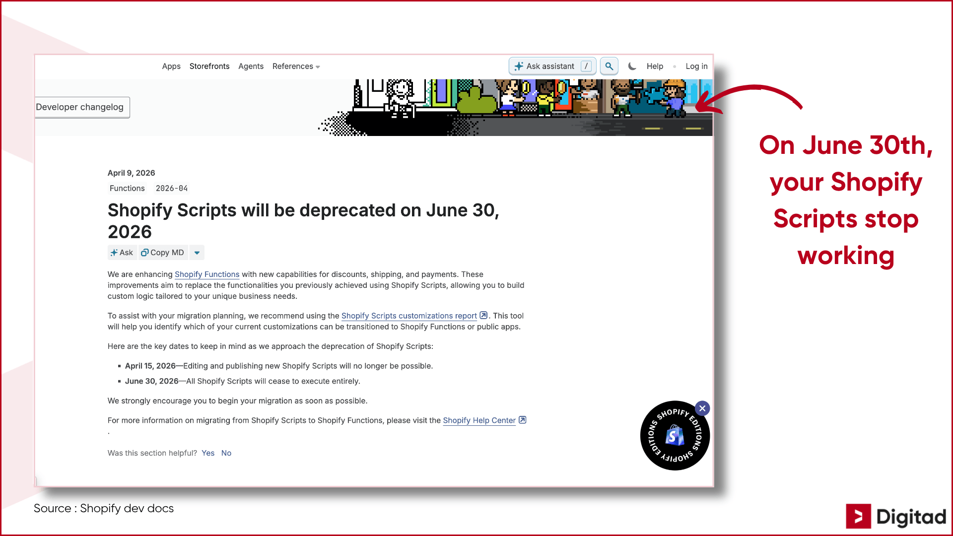 Shopify Dev Docs screenshot announcing Shopify Scripts will stop working on June 30, 2026 and move to Shopify Functions.