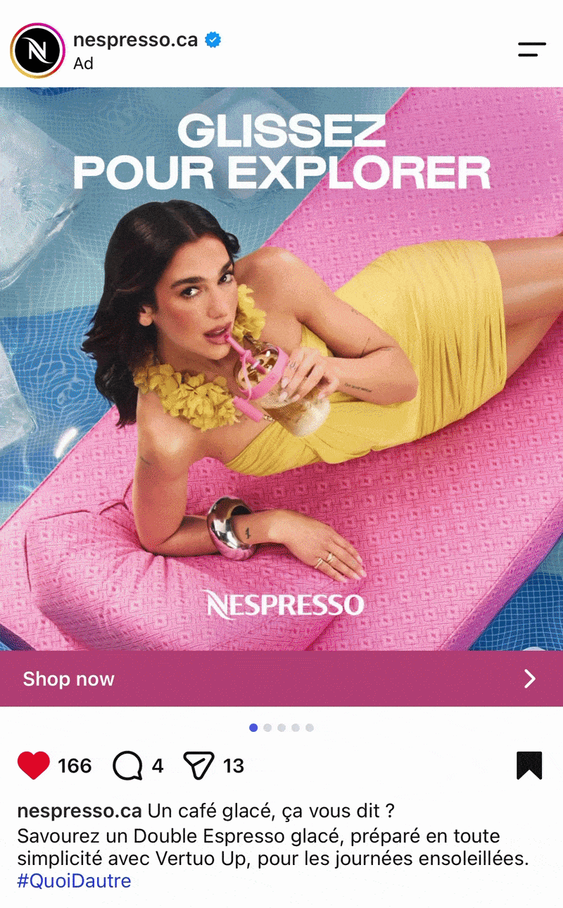 Publicité Instagram carrousel de Nespresso montrant plusieurs cartes que l’utilisateur peut faire défiler, dont une avec Dua Lipa.